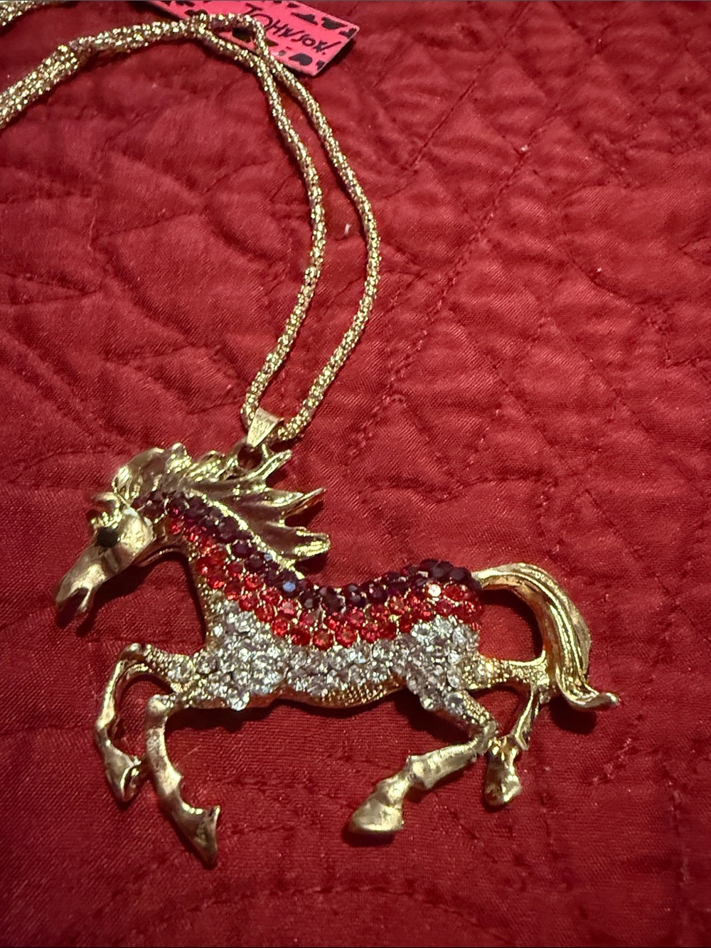 Betsey Johnson Gold-Tone Horse Pendant Necklace with Red and Clear Crystals